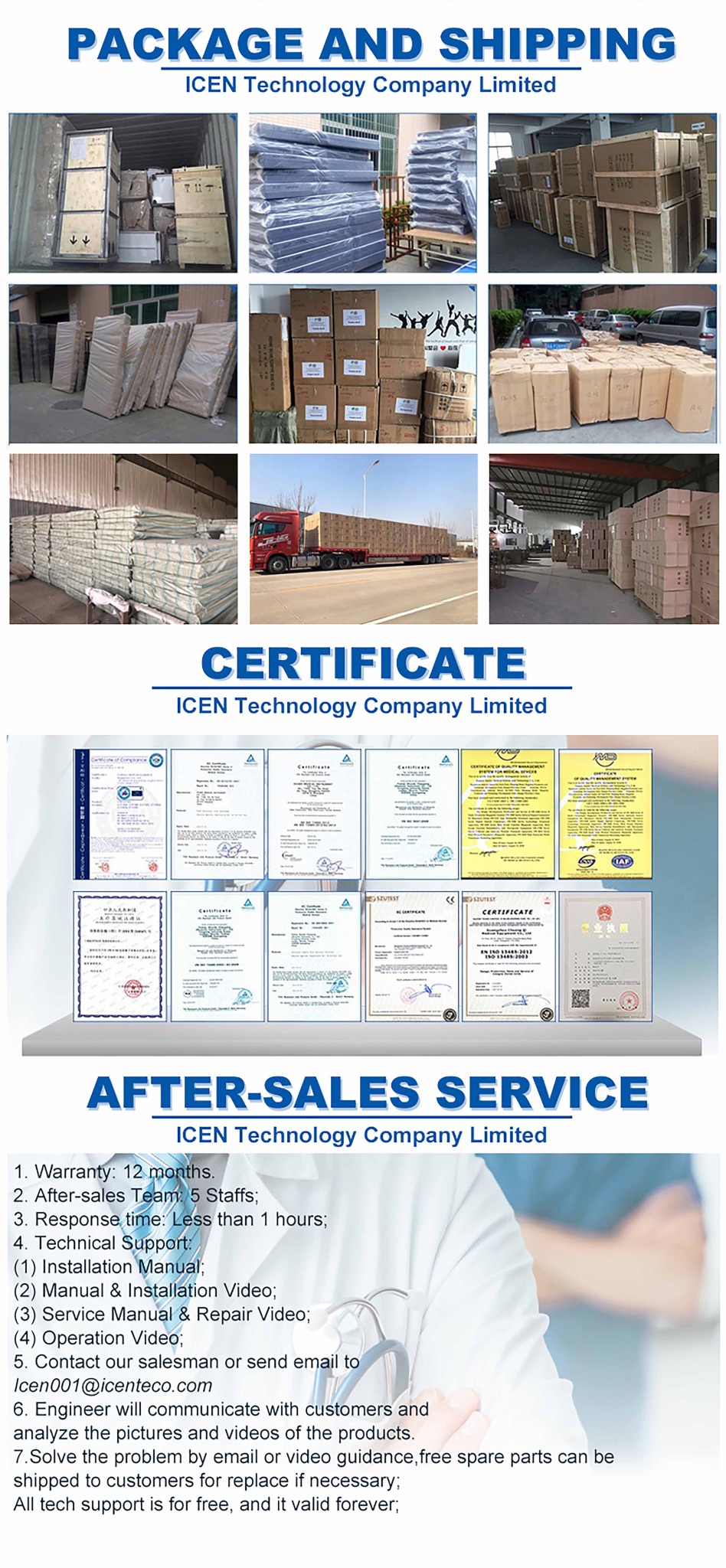 ICEN packaging, certificates and after-sales support information
